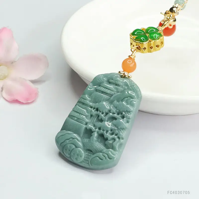 Jade Landscape Pendant Necklace Blue Water Green Red Beads