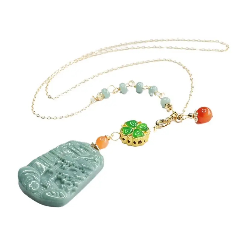 Jade Landscape Pendant Necklace Blue Water Green Red Beads