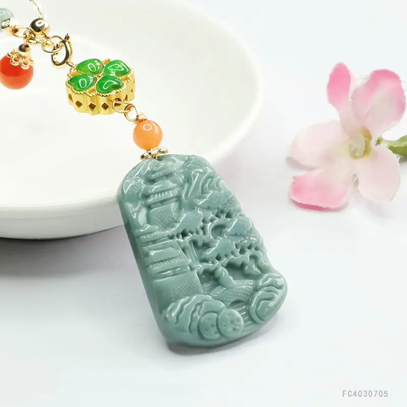 Jade Landscape Pendant Necklace Blue Water Green Red Beads — feature 5
