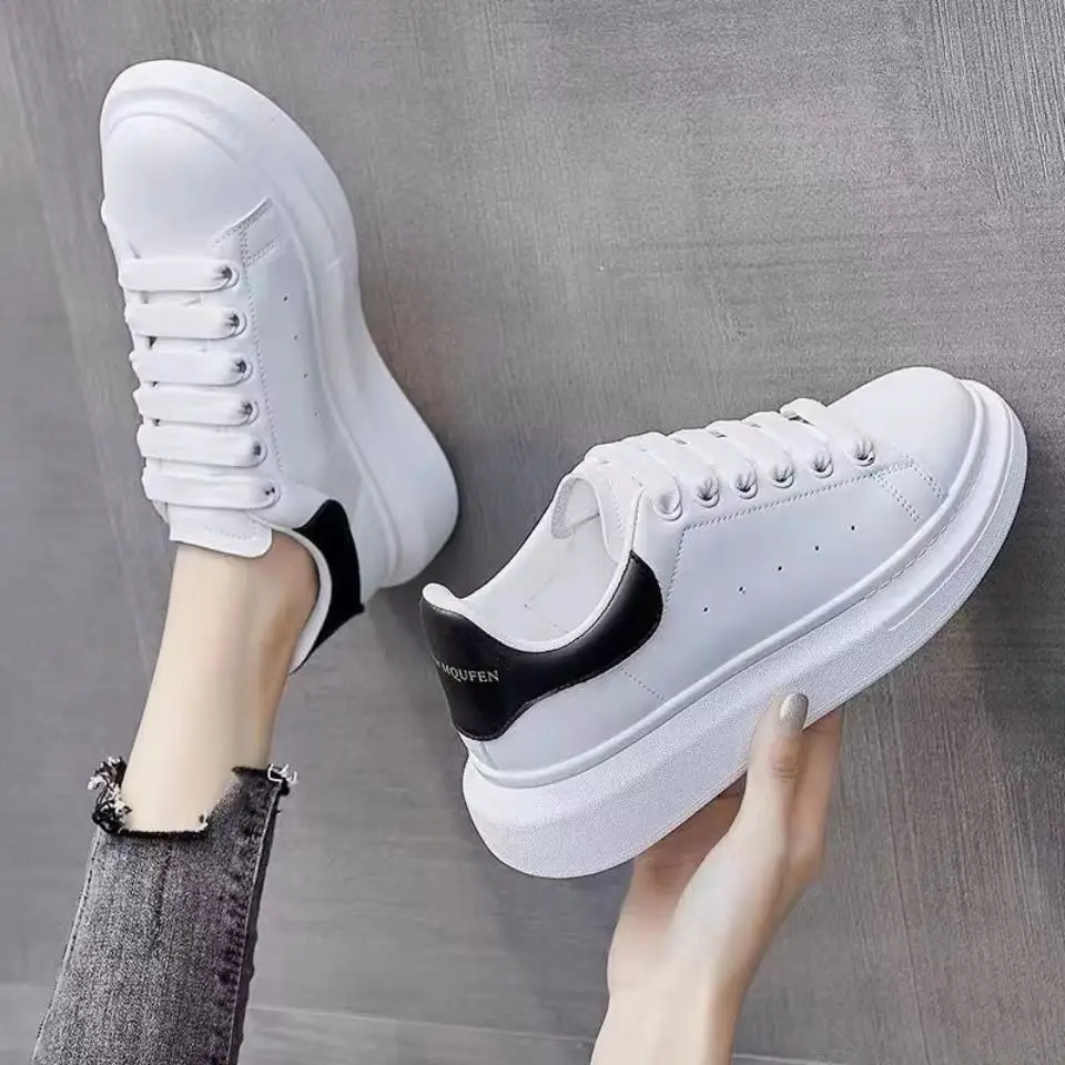 White Women's Thick Sole Casual Shoes with Height-Increasing Design - Image 3