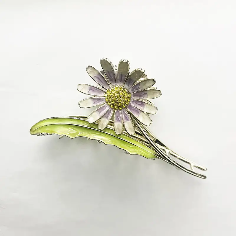 Golden Daisy Hairpin with Green Leaf Design - Image 4