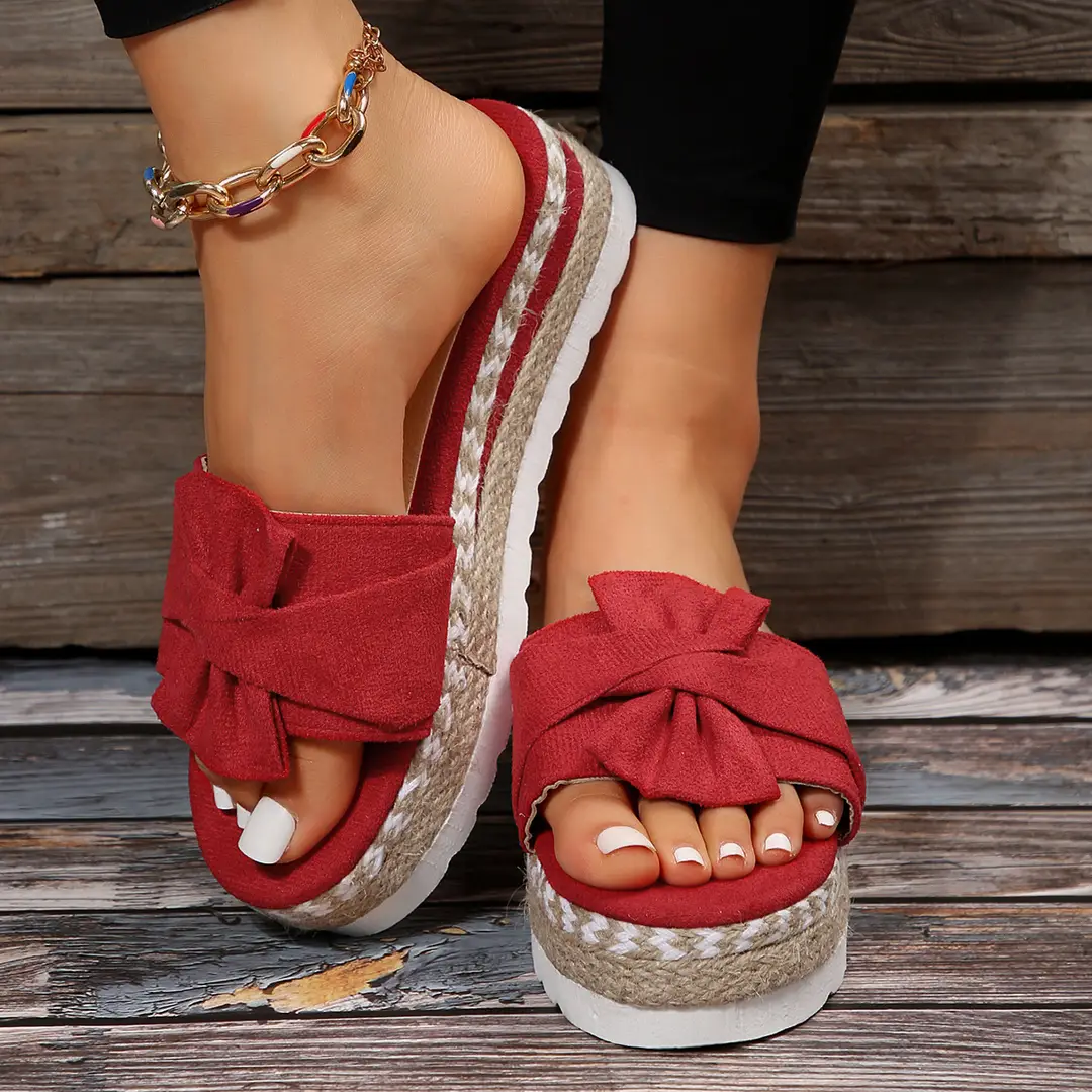 2024 Summer new platform platform heel cross-border large size women's slippers fashion bow open toe beach shoes — feature 11