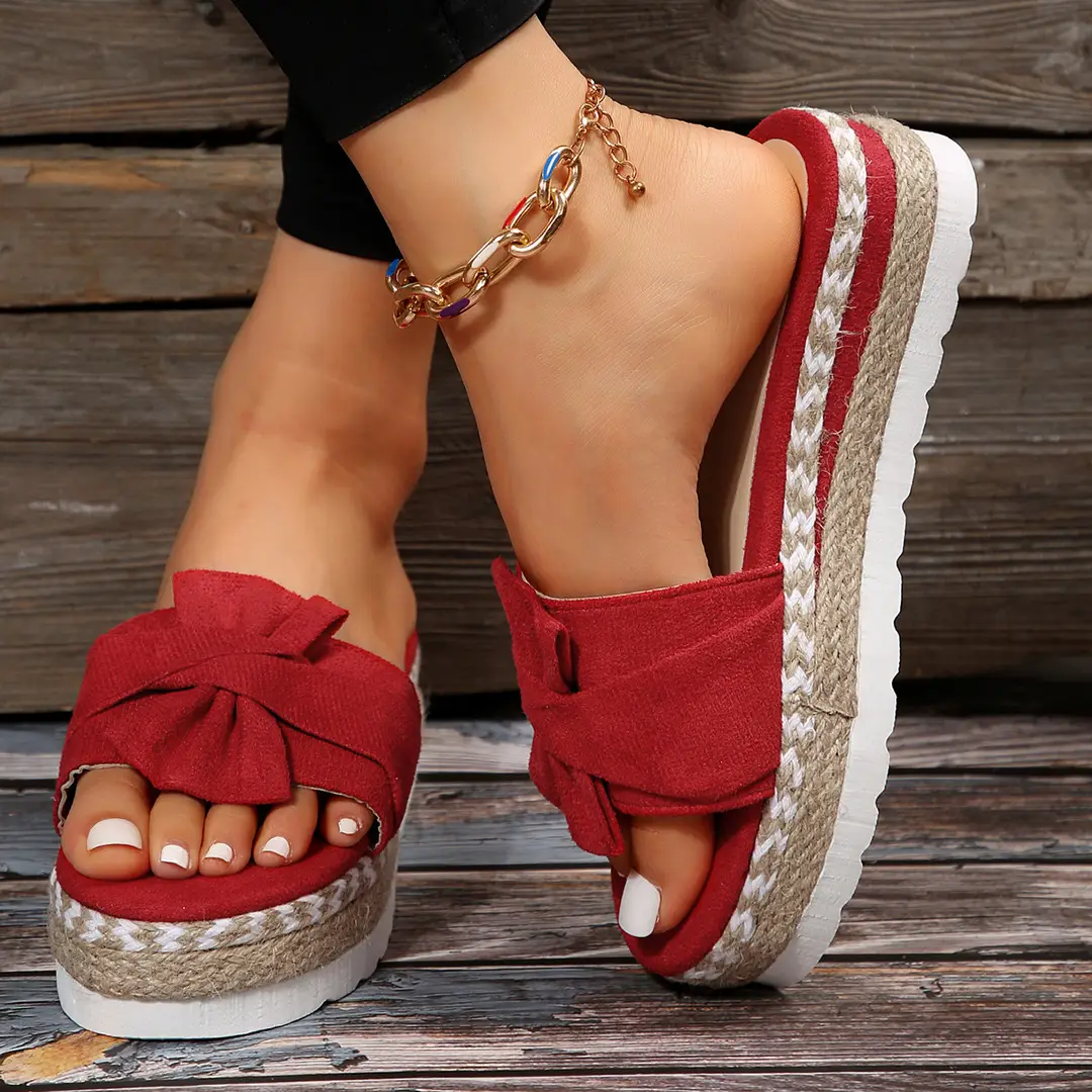2024 Summer new platform platform heel cross-border large size women's slippers fashion bow open toe beach shoes — feature 5