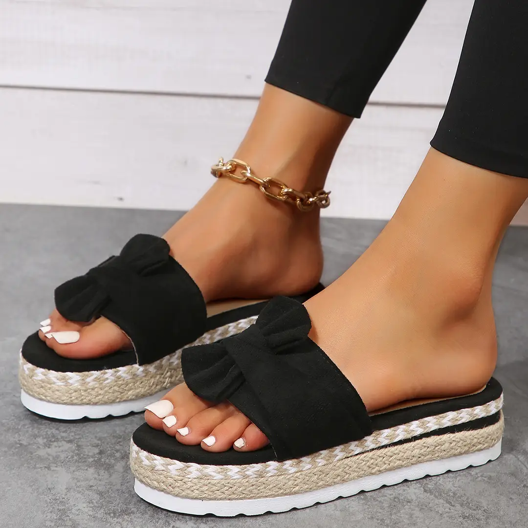 2024 Summer new platform platform heel cross-border large size women's slippers fashion bow open toe beach shoes - Image 3