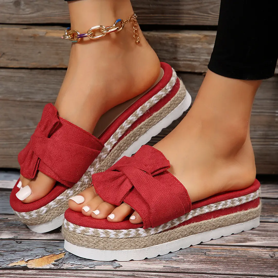 2024 Summer new platform platform heel cross-border large size women's slippers fashion bow open toe beach shoes - Image 4