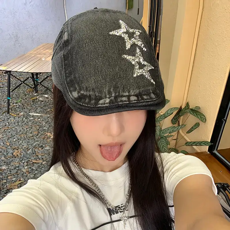 Women Denim Star Hat Retro Artist Peaked Beret - Image 3