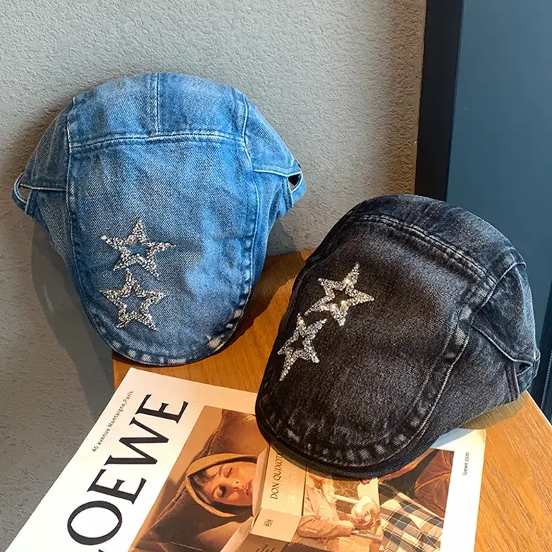 Women Denim Star Hat Retro Artist Peaked Beret - Image 6