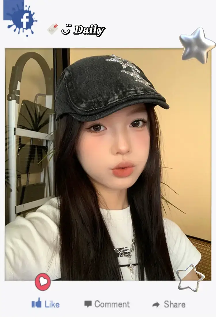 Women Denim Star Hat Retro Artist Peaked Beret — feature 1