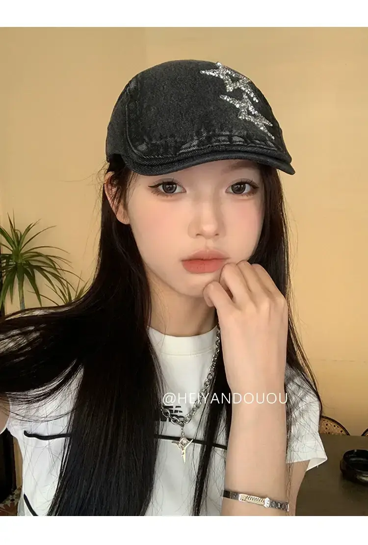 Women Denim Star Hat Retro Artist Peaked Beret — feature 10