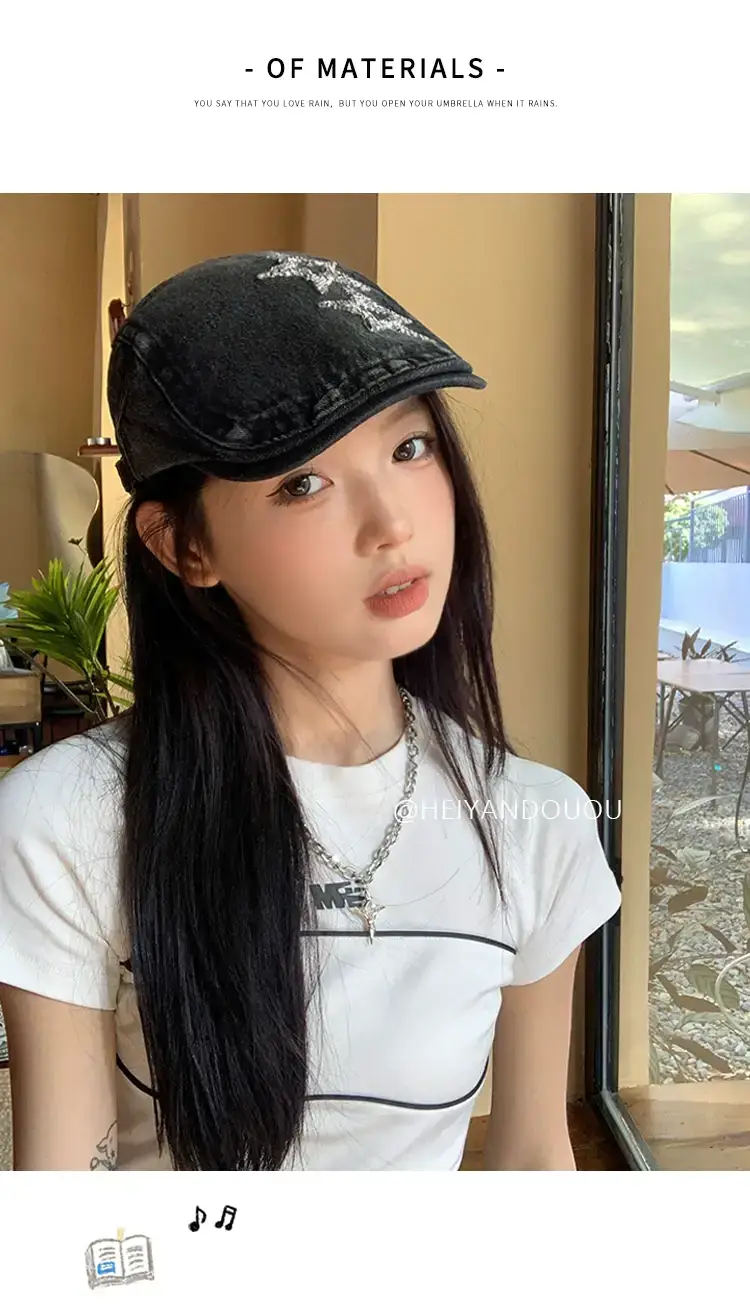 Women Denim Star Hat Retro Artist Peaked Beret — feature 4