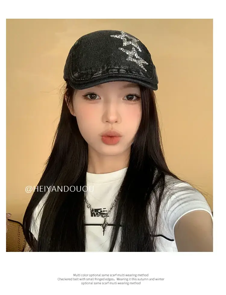 Women Denim Star Hat Retro Artist Peaked Beret — feature 5
