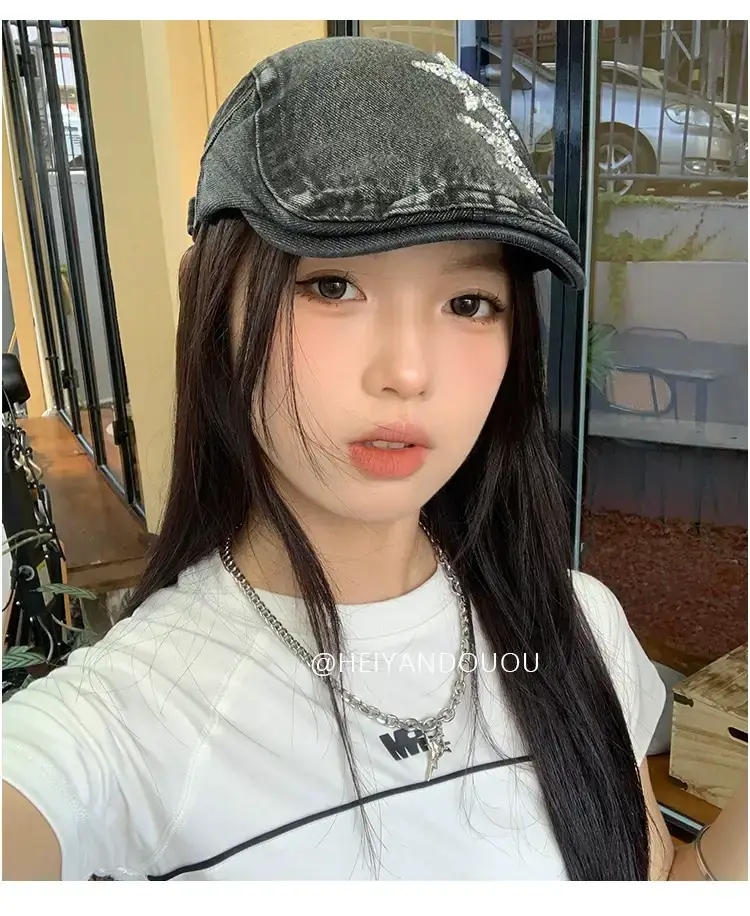 Women Denim Star Hat Retro Artist Peaked Beret — feature 6