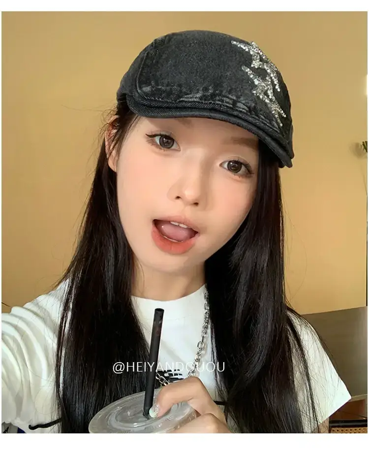 Women Denim Star Hat Retro Artist Peaked Beret — feature 8