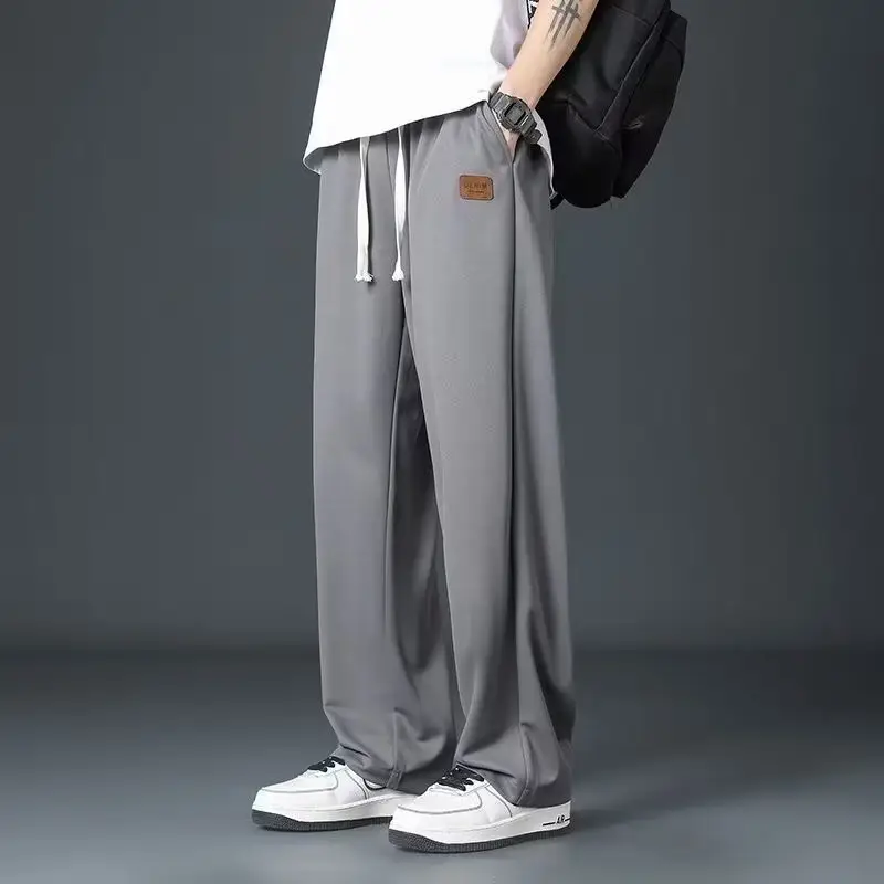 Men Grey Loose Fit Casual Pants Mid Waist Spring Fall