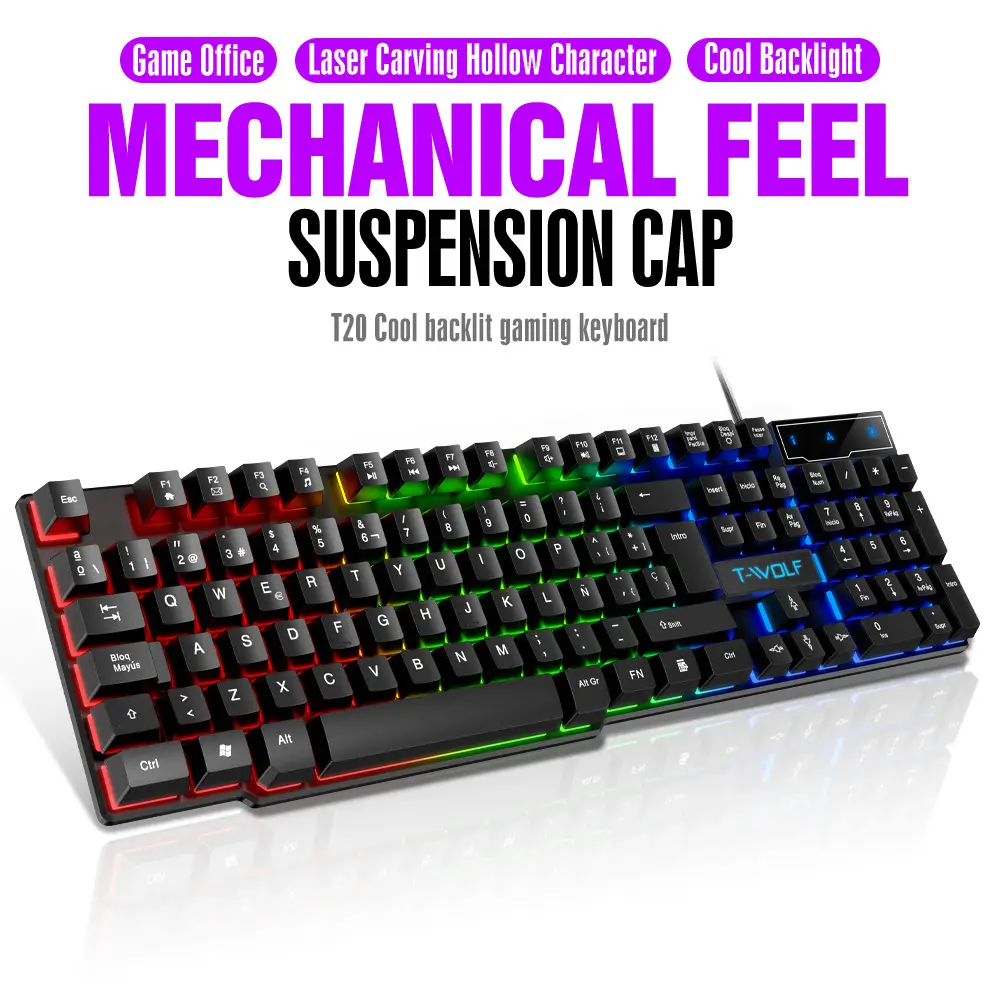 T-Wolf Thunder Wolf T20 Gaming Keyboard Wired Luminous Arabic Spanish Russian Computer Keyboard Cross-Border