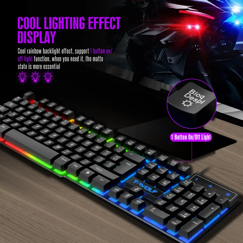 T-Wolf Thunder Wolf T20 Gaming Keyboard Wired Luminous Arabic Spanish Russian Computer Keyboard Cross-Border