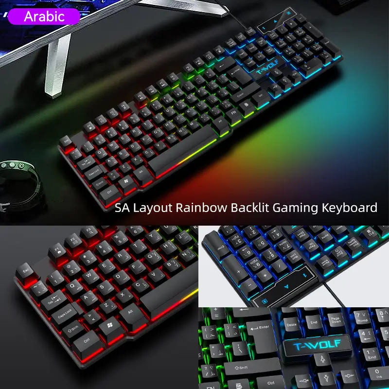 T-Wolf Thunder Wolf T20 Gaming Keyboard Wired Luminous Arabic Spanish Russian Computer Keyboard Cross-Border