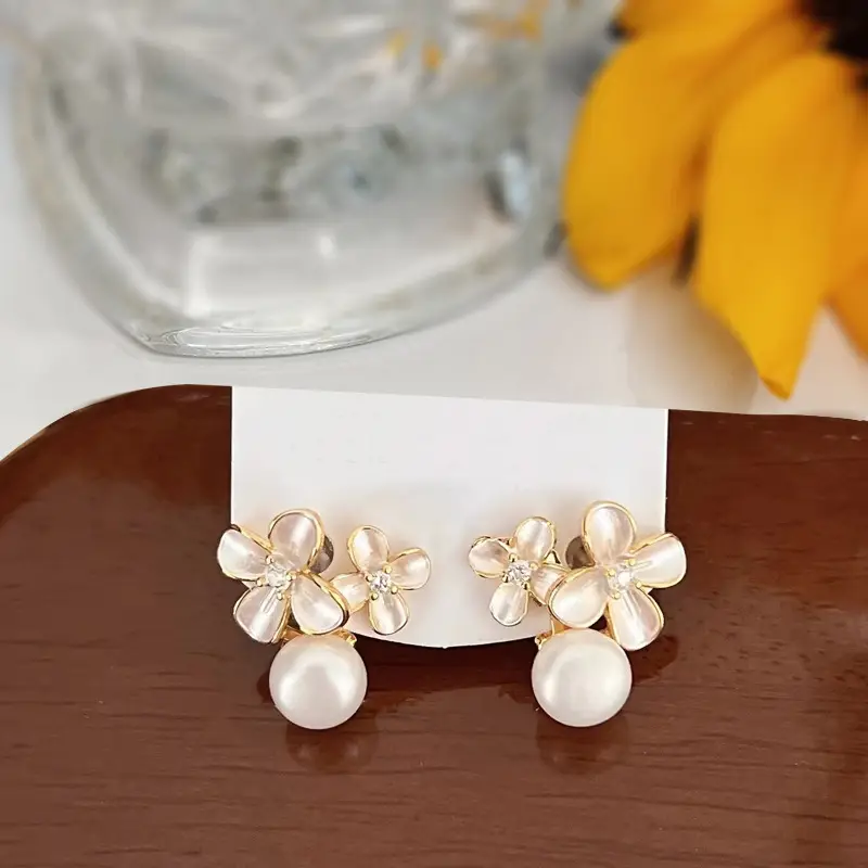 Golden Cherry Blossom Pearl Earrings Twin Flower Design - Image 3
