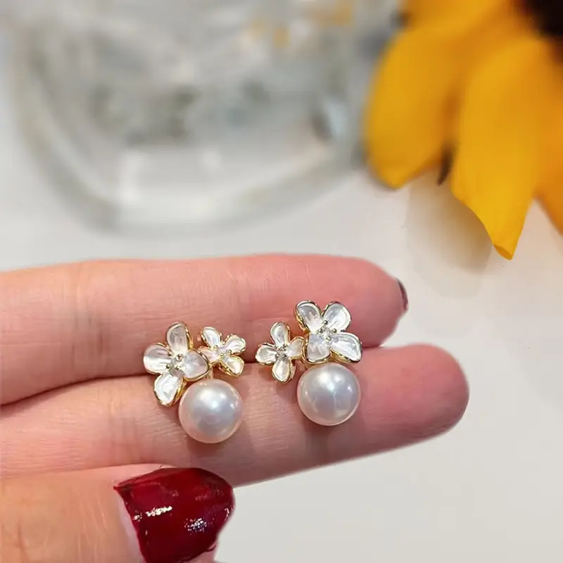 Golden Cherry Blossom Pearl Earrings Twin Flower Design - Image 4