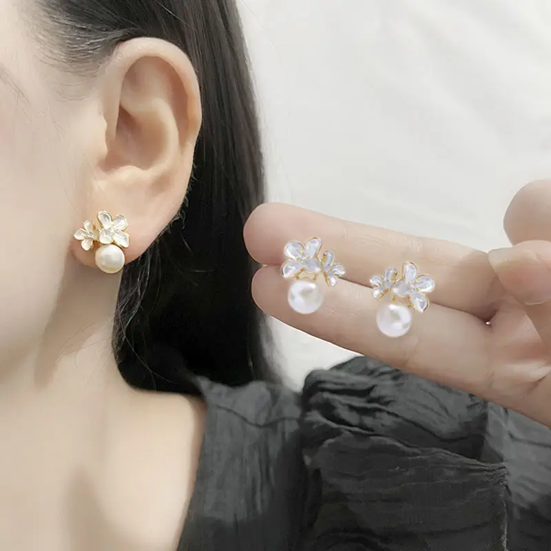 Golden Cherry Blossom Pearl Earrings Twin Flower Design - Image 5