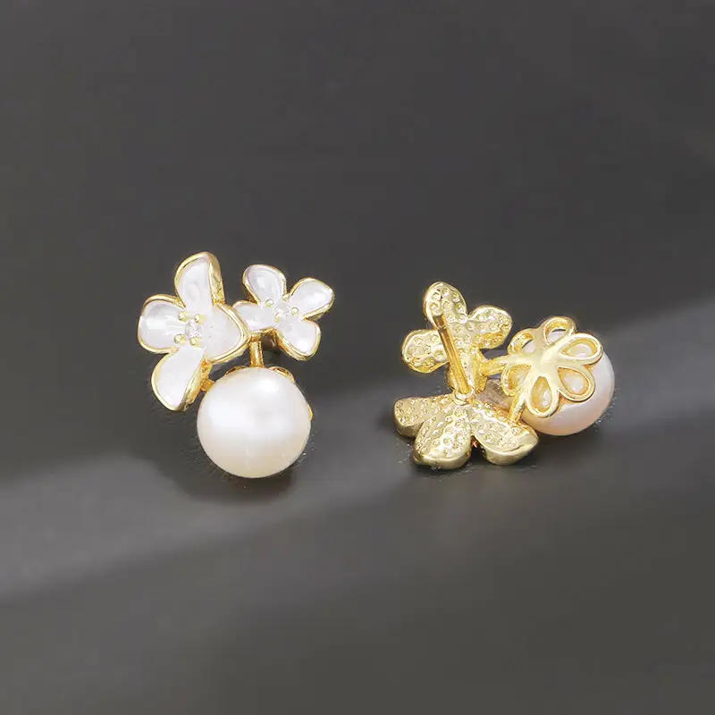 Golden Cherry Blossom Pearl Earrings Twin Flower Design — feature 10