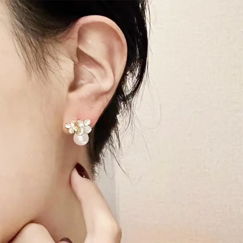 Golden Cherry Blossom Pearl Earrings Twin Flower Design — feature 5