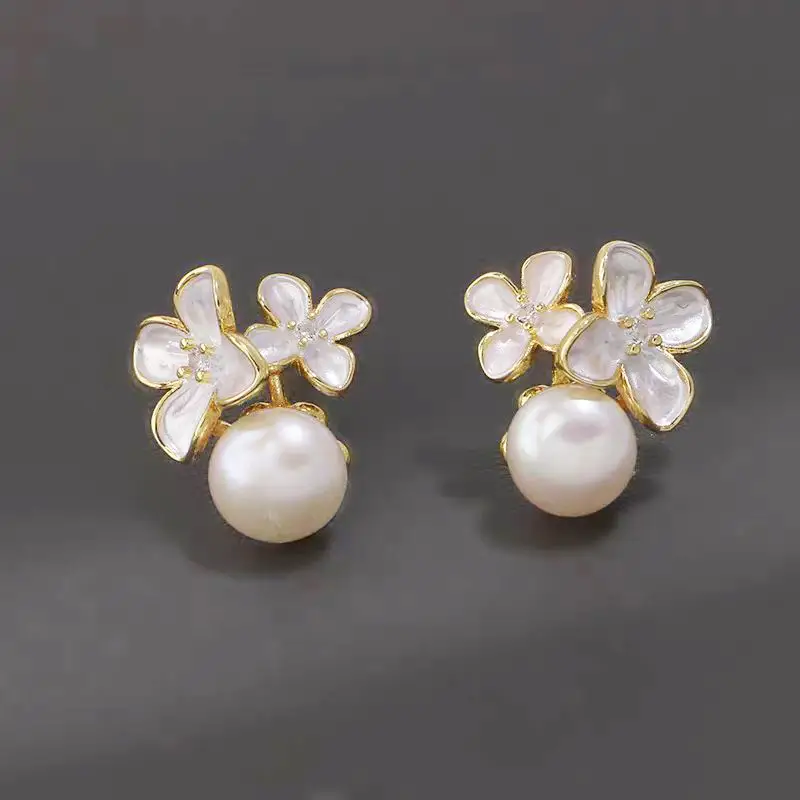 Golden Cherry Blossom Pearl Earrings Twin Flower Design — feature 9