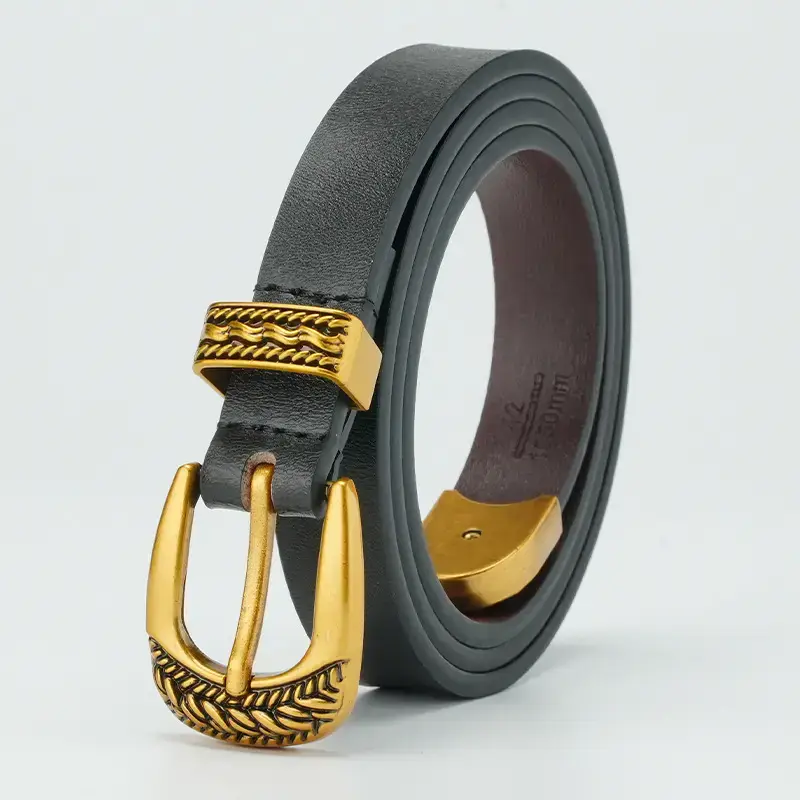 Women's Brown Leather Belt with Gold Buckle - Image 2