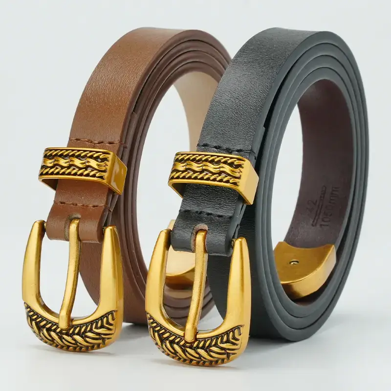 Women's Brown Leather Belt with Gold Buckle - Image 3