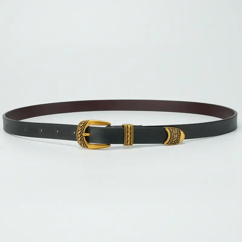 Women's Brown Leather Belt with Gold Buckle - Image 4