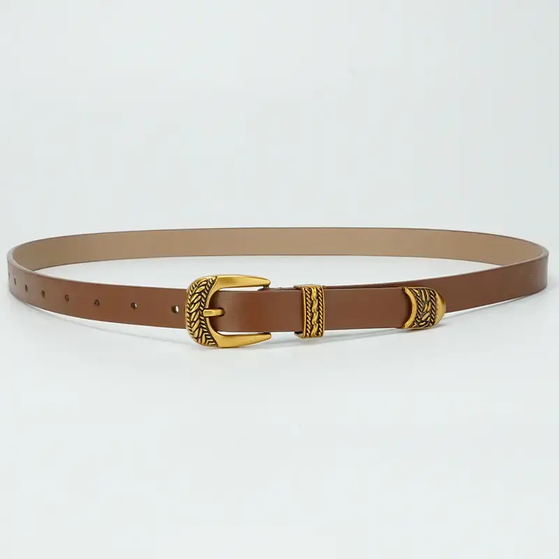 Women's Brown Leather Belt with Gold Buckle - Image 5