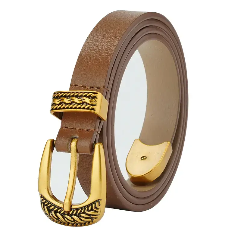 Women's Brown Leather Belt with Gold Buckle - Image 6