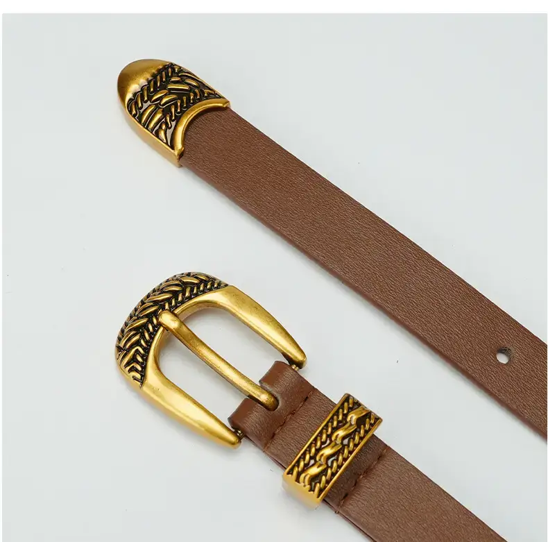Women's Brown Leather Belt with Gold Buckle — feature 10
