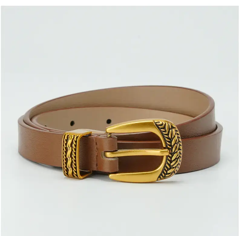 Women's Brown Leather Belt with Gold Buckle — feature 11