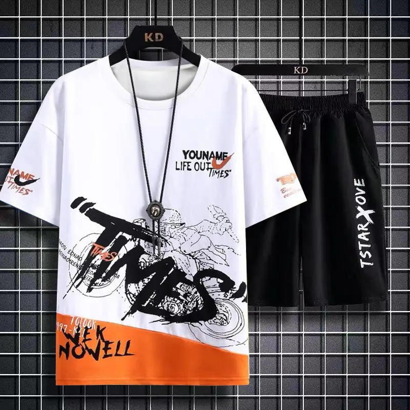 Men Korean Style Blue T-Shirt Shorts Set Youth Sports Wear