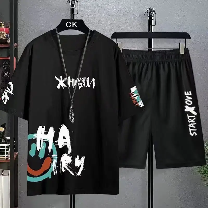 Men Korean Style Blue T-Shirt Shorts Set Youth Sports Wear