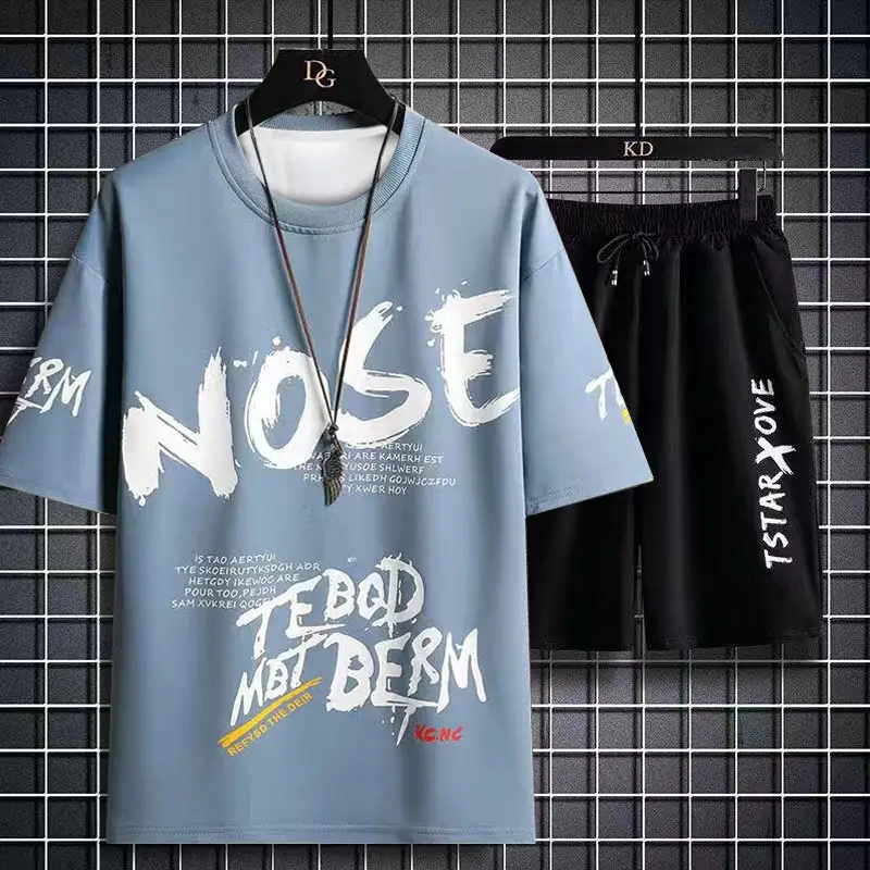 Men Korean Style Blue T-Shirt Shorts Set Youth Sports Wear