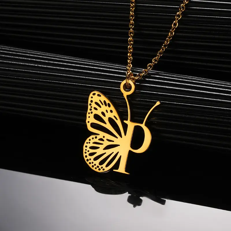 Stainless Steel Butterfly Necklace with 26 Letter Clavicle Pendant — feature 27