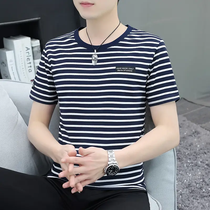 Men Navy Striped Cotton T-Shirt Round Neck Short Sleeve