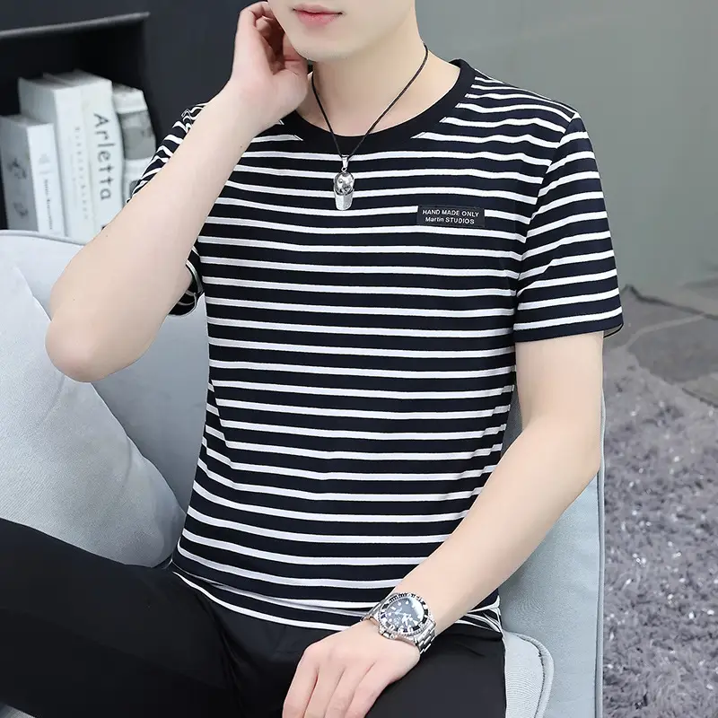Men Navy Striped Cotton T-Shirt Round Neck Short Sleeve
