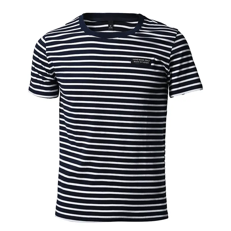 Men Navy Striped Cotton T-Shirt Round Neck Short Sleeve