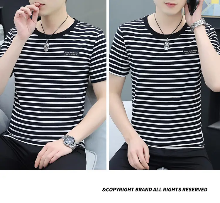 Men Navy Striped Cotton T-Shirt Round Neck Short Sleeve — feature 13