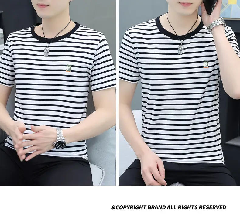 Men Navy Striped Cotton T-Shirt Round Neck Short Sleeve — feature 21
