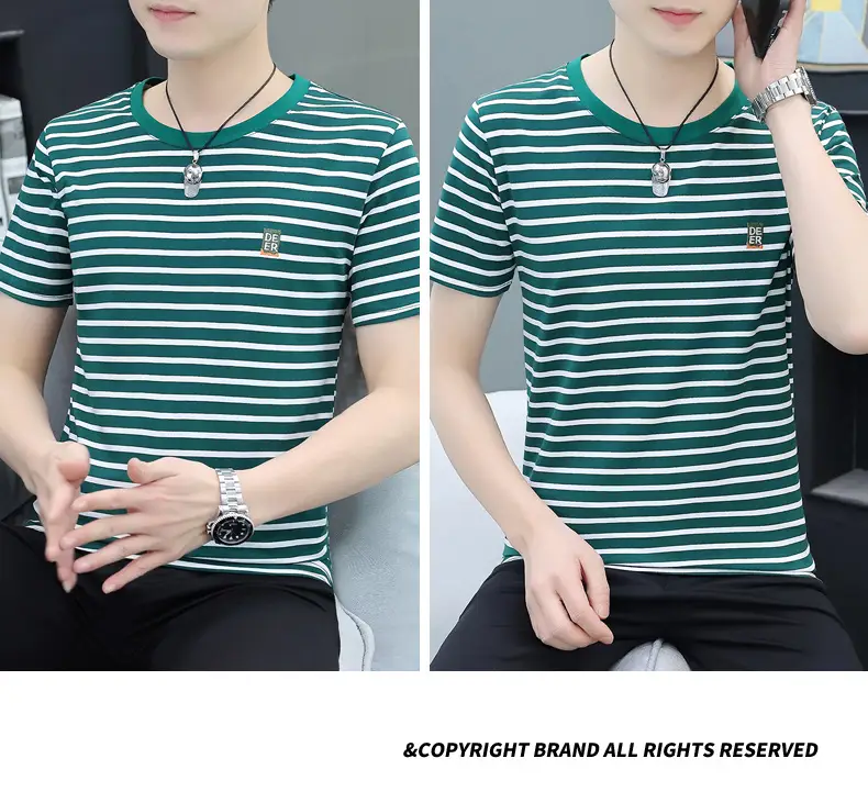 Men Navy Striped Cotton T-Shirt Round Neck Short Sleeve — feature 23