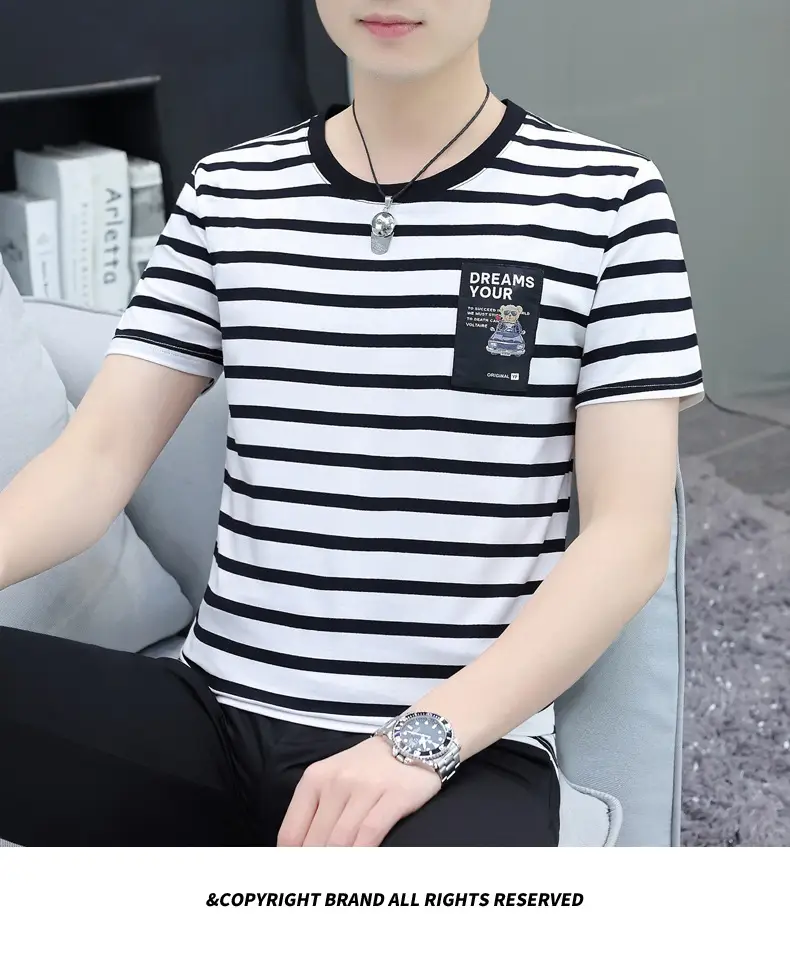 Men Navy Striped Cotton T-Shirt Round Neck Short Sleeve — feature 24