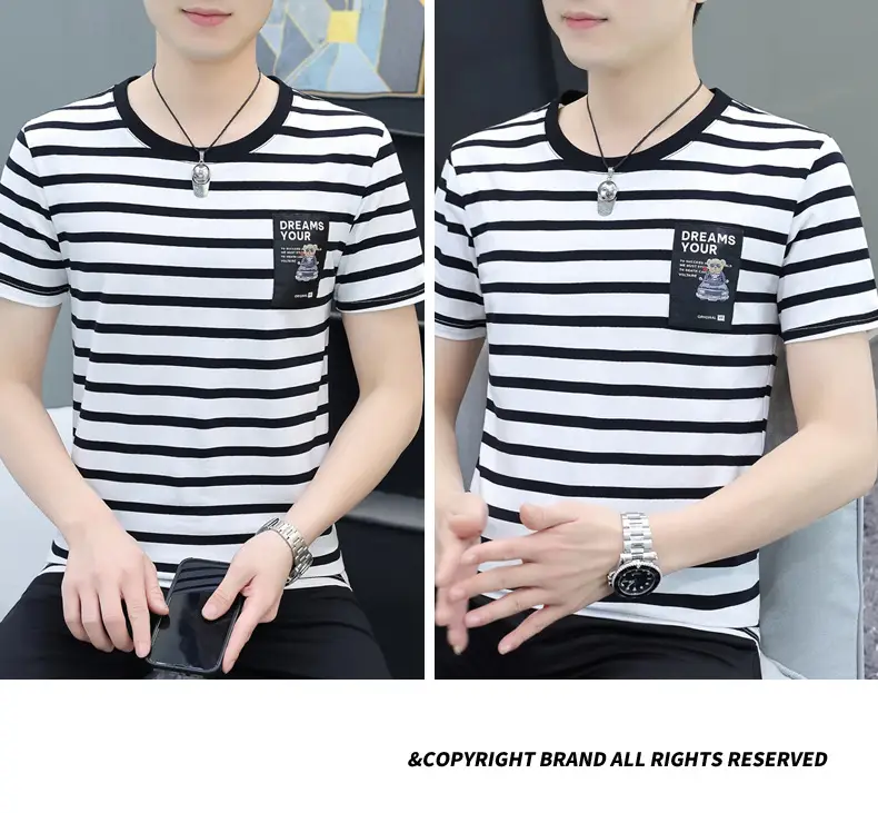 Men Navy Striped Cotton T-Shirt Round Neck Short Sleeve — feature 25