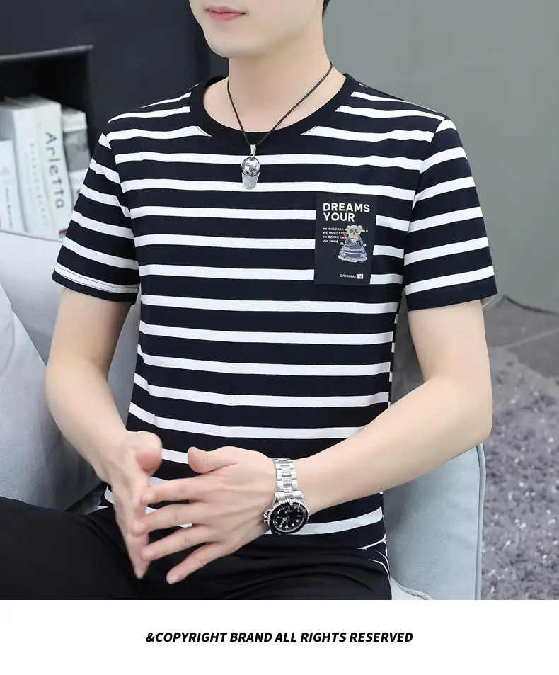 Men Navy Striped Cotton T-Shirt Round Neck Short Sleeve — feature 26