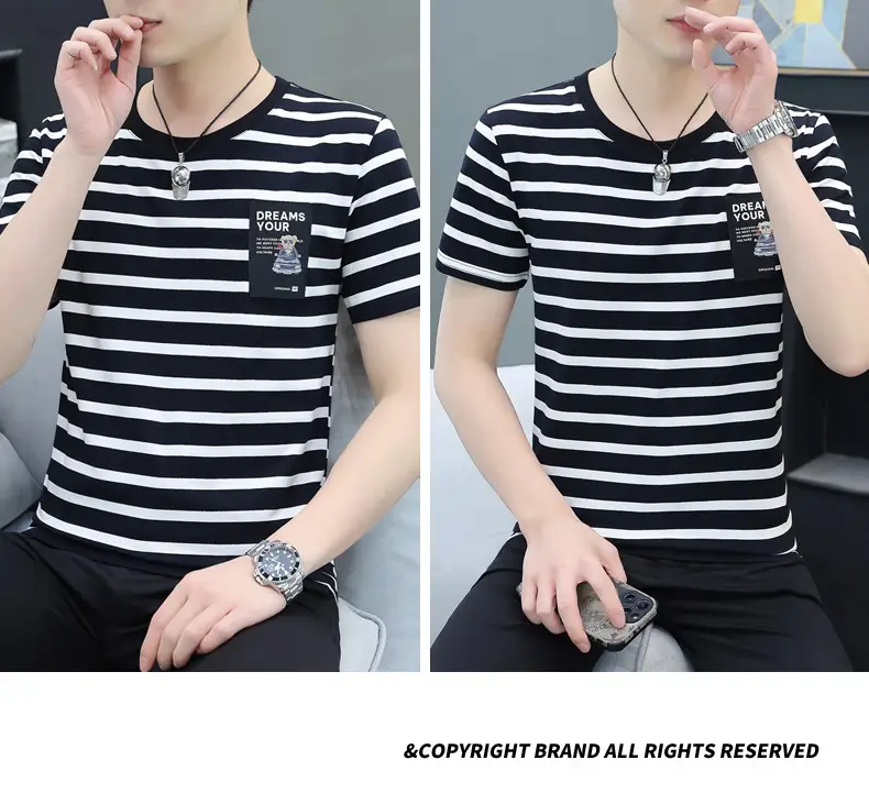 Men Navy Striped Cotton T-Shirt Round Neck Short Sleeve — feature 27