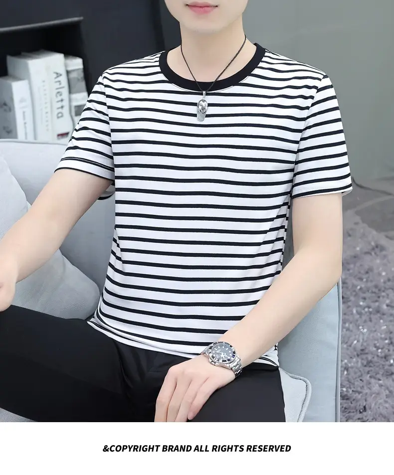 Men Navy Striped Cotton T-Shirt Round Neck Short Sleeve — feature 29