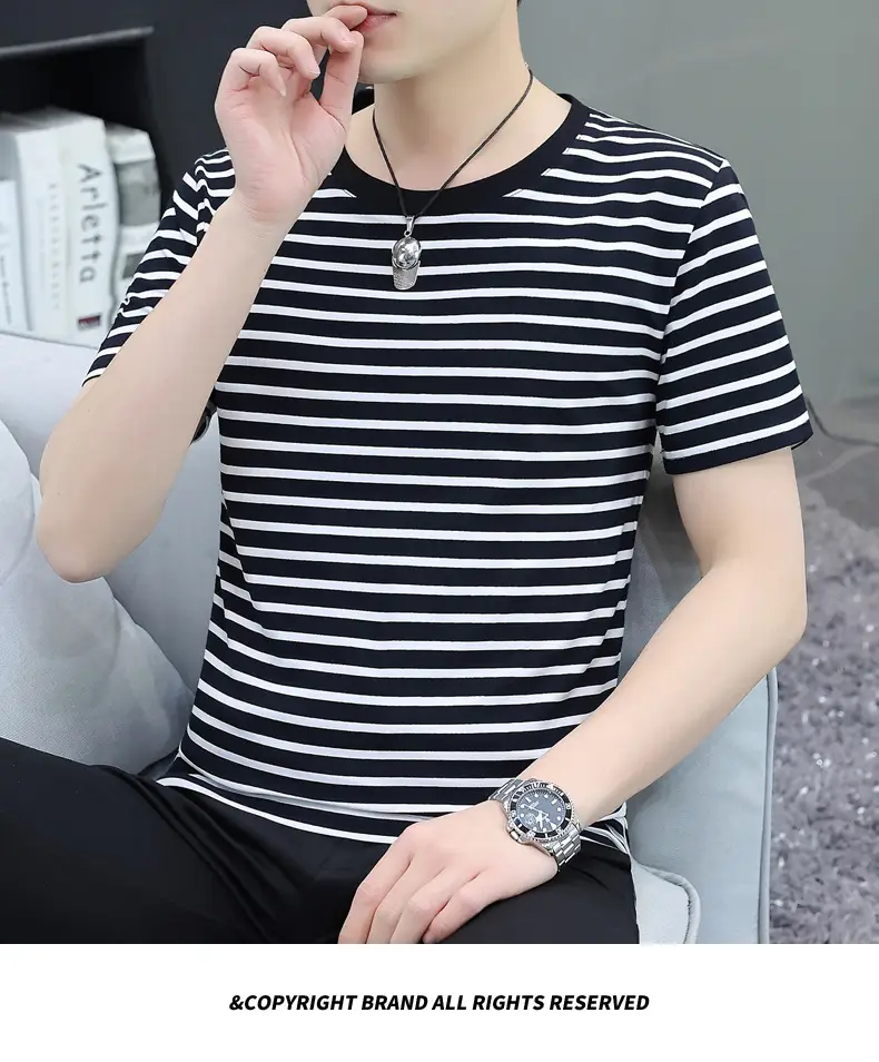 Men Navy Striped Cotton T-Shirt Round Neck Short Sleeve — feature 30